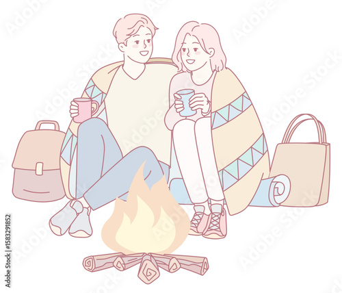 A loving couple cuddles closely under a warm blanket next to a crackling campfire, enjoying the cozy atmosphere