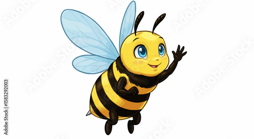 Adorable Cartoon Bee with Big Blue Eyes, Waving, Yellow and Black Stripes, Light Blue Wings