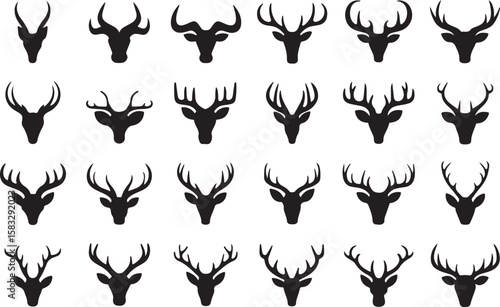 Collection of diverse deer and antelope head silhouettes with various antlers