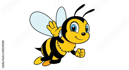 Cartoon Bee Waving and Flying with Black and Yellow Stripes