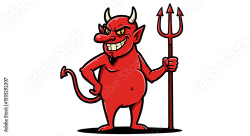 Cartoon Red Devil Character with Trident and Yellow Eyes on White Background