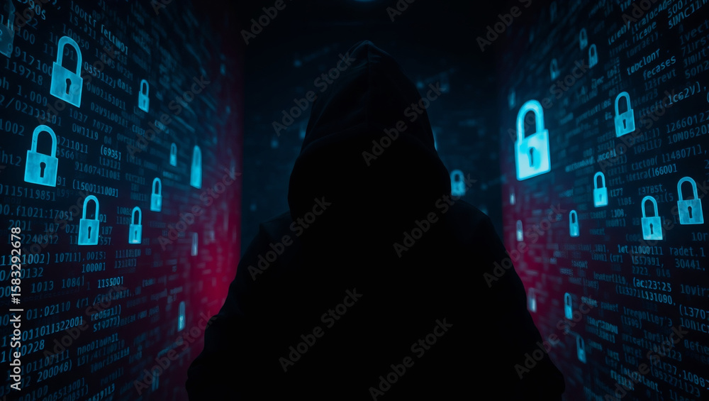 Fototapeta premium Hacker in Hooded Jacket Typing in Dark Room | Cybersecurity Threat with Binary Code Overlay | Dark Web Hacker with Glowing Interface