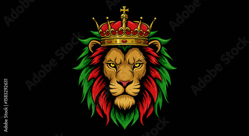 Majestic Lion Head with Rastafarian Colors and Golden Crown