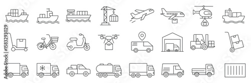 Transport icon set. Commercial vehicles line icon set. Vector pictograms of container, pallet, forklift, plane, drone, helicopter, ship, cargo truck, warehouse more. Vector illustration.