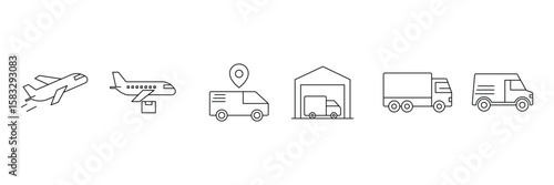 Transport icon set. Commercial vehicles line icon set. Vector pictograms of container, pallet, forklift, plane, drone, helicopter, ship, cargo truck, warehouse more. Vector illustration.