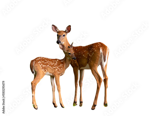 White tailed deer fawn witj hind on natural trail in north Wisconsin.