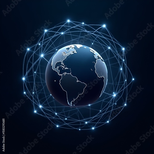 Earth globe on blue and black backgrounds showing continents and global network design