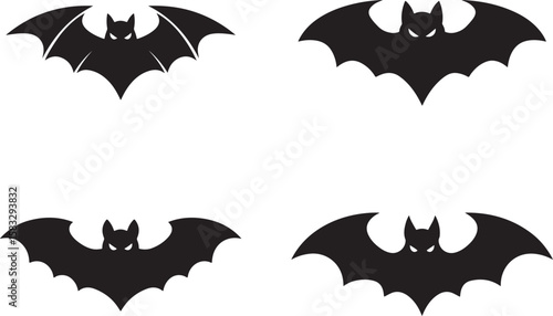 Four black bat silhouettes with glowing eyes on a white background