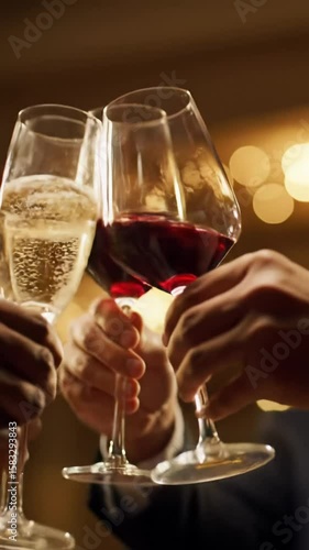close-up of diverse hands elegantly clinking champagne and wine glasses with sparkling golden and ruby beverages, performing a unified toast against a warm, festive bokeh background, conveying