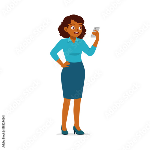 Happy African American Businesswoman Looking at Smartphone Isolated on White Background