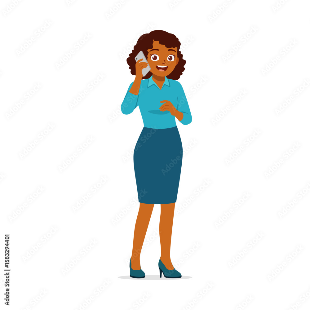 African American Businesswoman Talking on Phone with a Smile and Wearing Formal Clothes African American Businesswoman Talking on Phone with a Smile and Wearing Formal Clothes