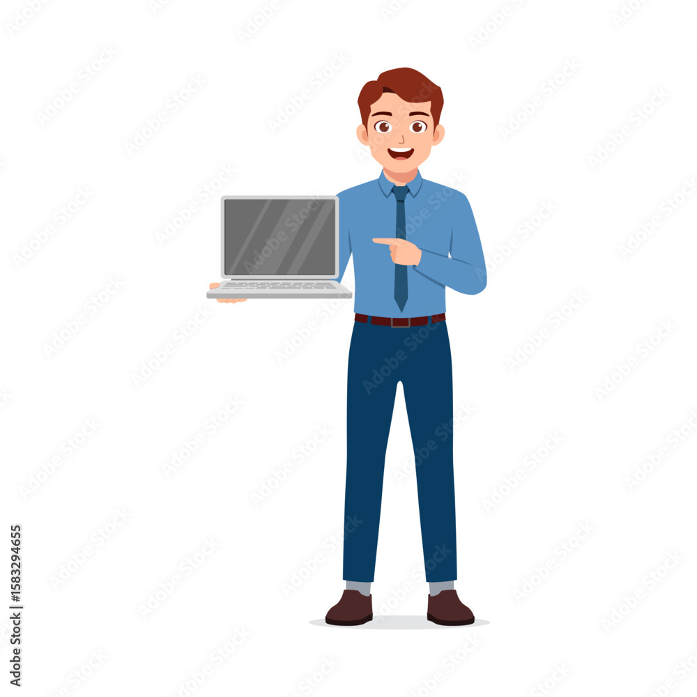 Smiling Young Businessman Holding Laptop and Pointing at Screen Presentation, Illustration Smiling Young Businessman Holding Laptop and Pointing at Screen Presentation, Illustration