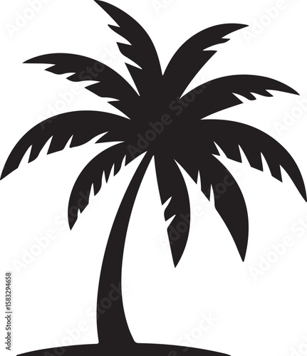 Simple black silhouette of a palm tree with green leaves on a white background