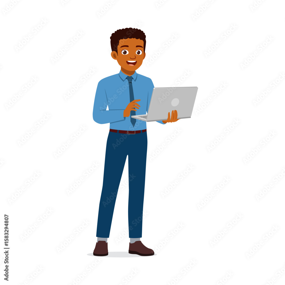 Happy African American Businessman Holding Laptop Standing and Smiling on White Background Happy African American Businessman Holding Laptop Standing and Smiling on White Background