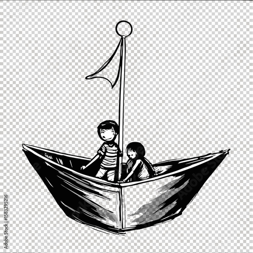 An isolated vintage toy pirate ship sails on the vast ocean, a nautical illustration perfect for travel and marine themes