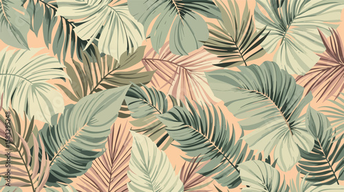 Artistic seamless botanical pattern featuring tropical leaves in muted green and peach tones.