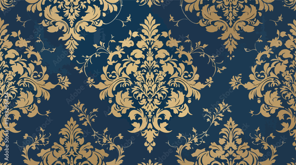 Elegant gold damask pattern on a deep blue background for decorative designs and prints.