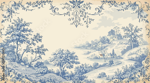 Elegant blue toile de jouy landscape scenic illustration with floral frame and trees.