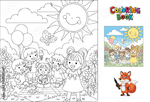 Children coloring in a park with flowers under sunny sky  
