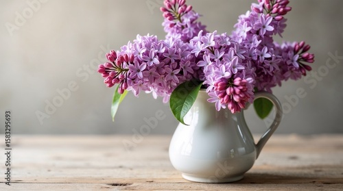 Wallpaper Mural Purple lilac flowers arranged in a white ceramic pitcher on rustic wooden table, creating a fresh and natural floral decoration Torontodigital.ca