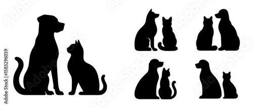 Dog And Cat Silhouette Black Filled - Vector Illustration Set Of Outdoor Design Elements.