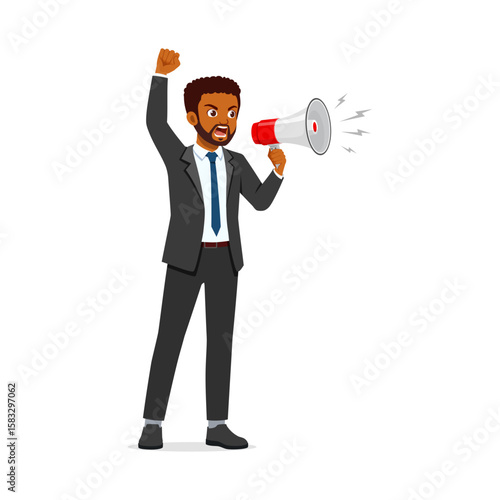 African American businessman shouts into a megaphone with raised fist in a suit illustration