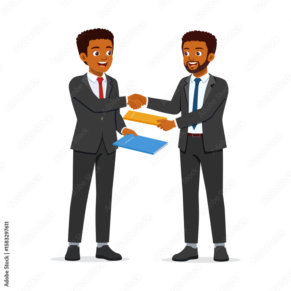 Two African businessmen shaking hands, closing a deal with smiles, holding folders Two African businessmen shaking hands, closing a deal with smiles, holding folders