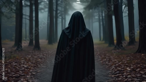 A cloaked figure drags a long garment across a leaf-strewn forest path illuminated by moonlight. The eerie tranquility of twisted branches adds to the mysterious atmosphere