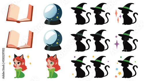 Illustration featuring books, crystal balls, witch cats, and a cat girl with red hair, arranged in rows