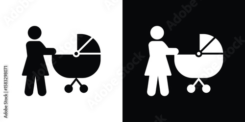 Woman with Baby Stroller icon vector graphics. Flat solid black vector set
