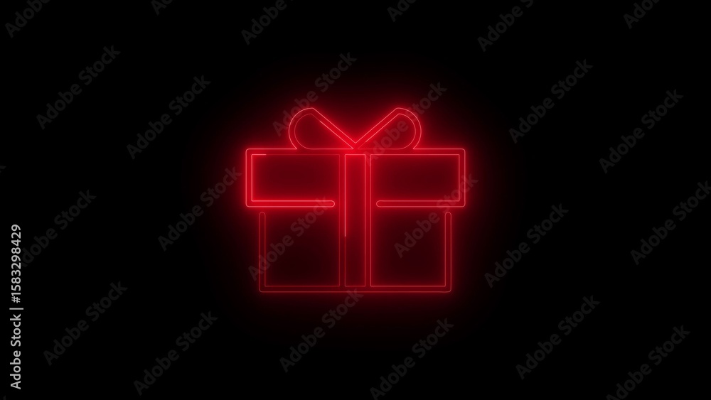 Obraz premium Red Neon Gift Box Silhouette on Black Background present