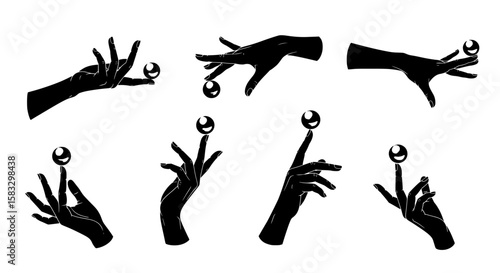 Hands's artful dance with spherical precision: A collection of hands, cloaked in deep shadows, engage in an elegant ballet with spherical objects.