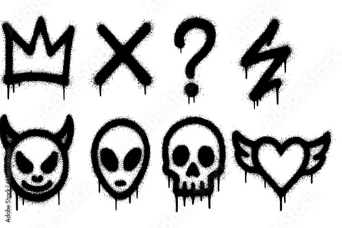 Collection of black graffiti style silhouettes including crowns a devil face crossed out eyes smiley question mark lightning bolts skull and winged heart isolated on transparent background silhouette
