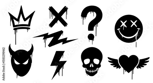 Collection of black graffiti style silhouettes including crowns a devil face crossed out eyes smiley question mark lightning bolts skull and winged heart isolated on transparent background silhouette