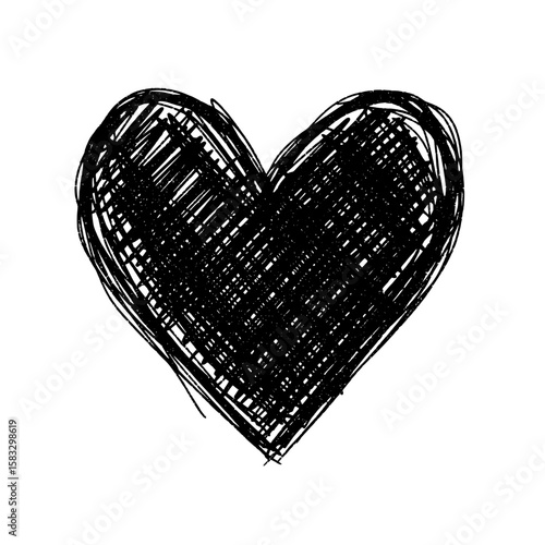 Love's Graphic Expression: A hand-drawn, textured black heart symbol, capturing the raw essence of emotion and heartfelt sentiments. Transparent background 