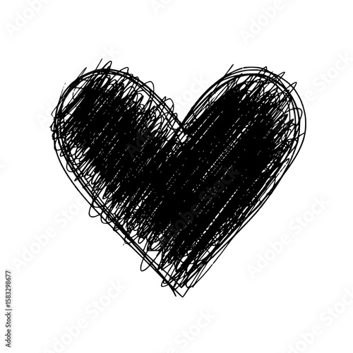 Love's Graphic Expression: A hand-drawn, textured black heart symbol, capturing the raw essence of emotion and heartfelt sentiments. Transparent background 