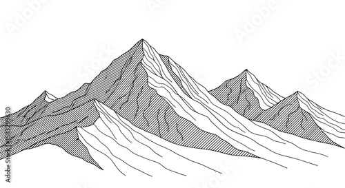 Stylized mountain range with sharp peaks and valleys rendered in a minimalist line art silhouette style isolated on transparent background