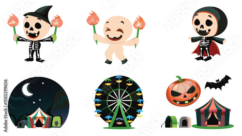 Cartoon halloween party scene with skeletons, circus tents, ferris wheel and pumpkin face