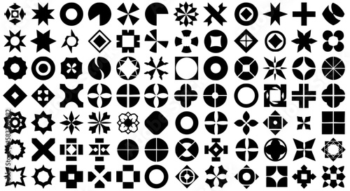 Geometric Pattern Collection: A striking compilation of diverse geometric shapes, encompassing a wide array of forms, from intricate starbursts to clean circles.