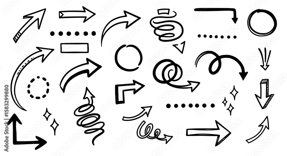 Fototapeta premium Array of Arrows: A set of various hand-drawn arrows on a clean backdrop, offering versatility and visual interest for diverse design needs. 