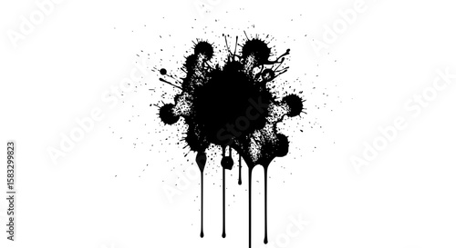 Ink blot explosion: A dynamic black ink blot explodes outward from the center, with streaks and splashes adding texture and visual impact.