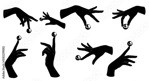 Hands's artful dance with spherical precision: A collection of hands, cloaked in deep shadows, engage in an elegant ballet with spherical objects.