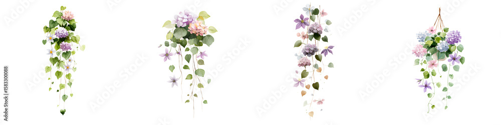 Watercolor Hanging Flower Baskets with Lush Greenery on White Background Watercolor Hanging Flower Baskets with Lush Greenery on White Background