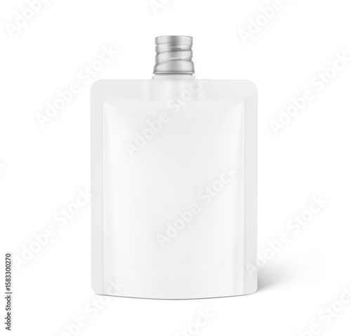 Pouch bag with central recyclable spout mockup. Vector illustration  isolated on white background. Front view. Can be use for template your design, presentation, promo, ad. EPS10.