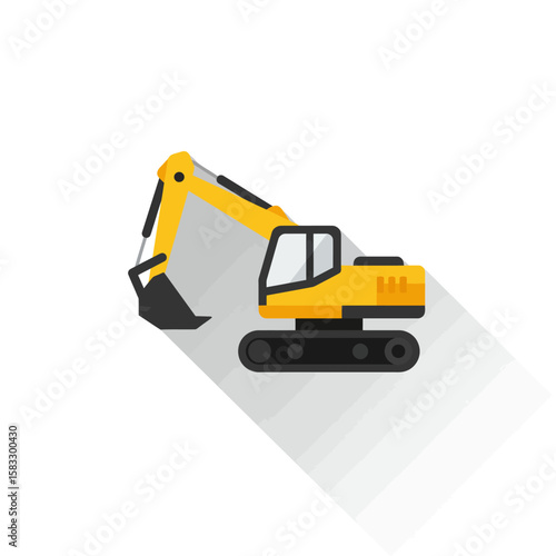 A bright yellow excavator with a large digging bucket is depicted in a modern flat design style, casting a long shadow on a clean white background.