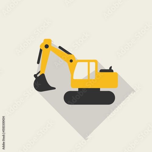 This minimalist yellow excavator icon, rendered in a sleek flat design aesthetic with a prominent long shadow, signifies ongoing construction and development.