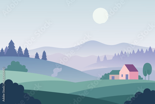 early morning fog over village farmland and fore