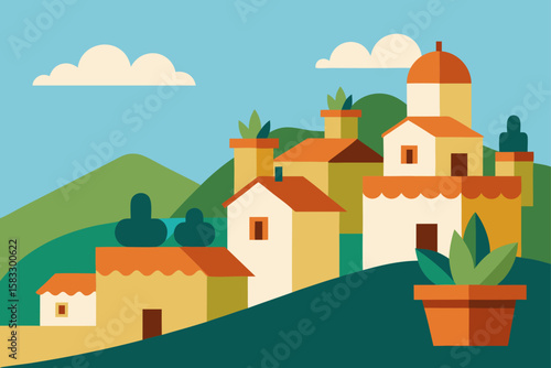 hillside village with tiled roof houses