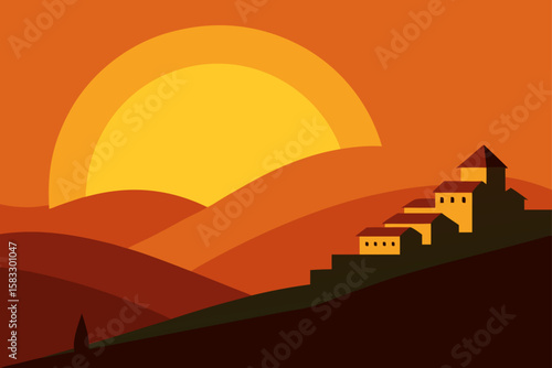 sunset casting golden light over hillside village