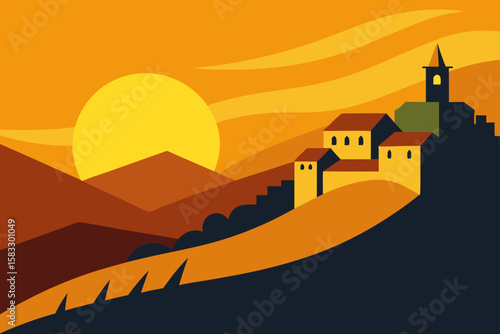 sunset casting golden light over hillside village